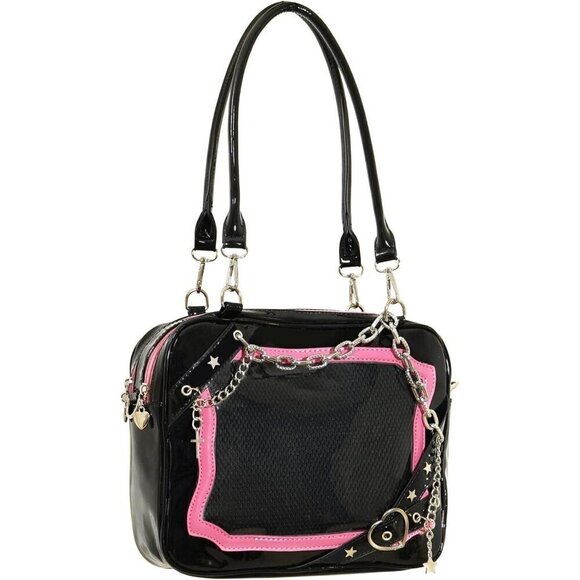 Women Black Crossbody Kawaii Transparent Pin Display Pompom Keychain Cute Bag - Picture 1 of 7